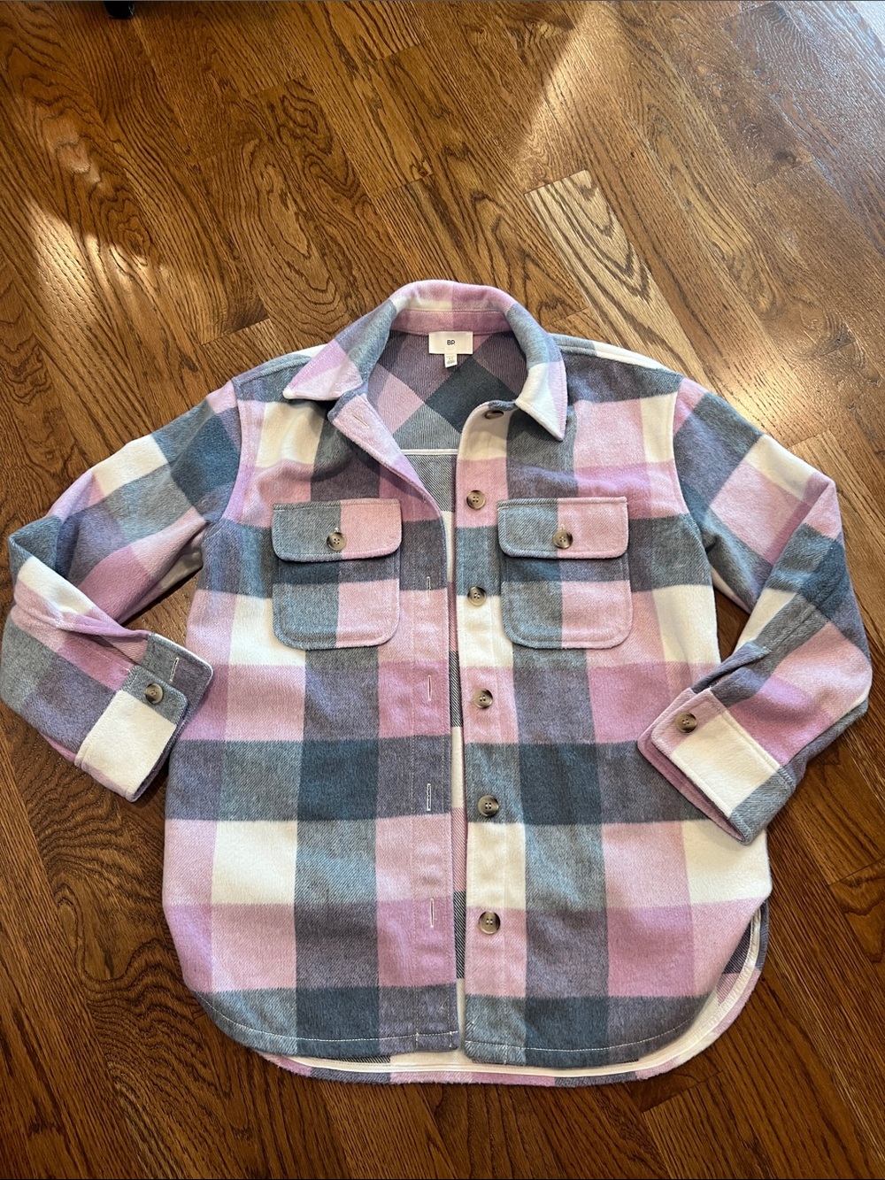 bp Pink, Gray & White Plaid Utility Shacket